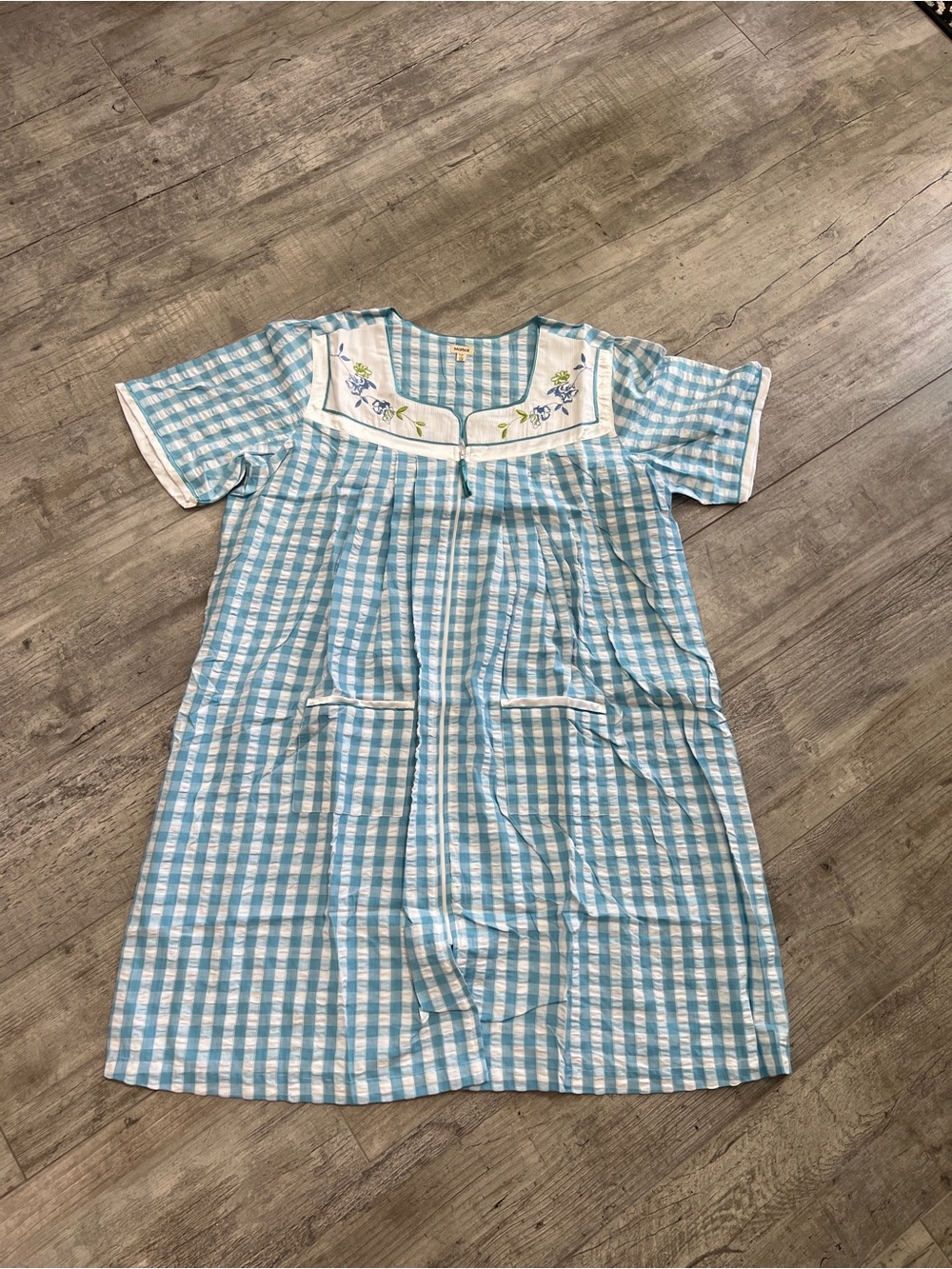 NEW Marisol 100% Cotton Gingham Midi House Dress w/Floral Yoke/satin trim Sz 1X